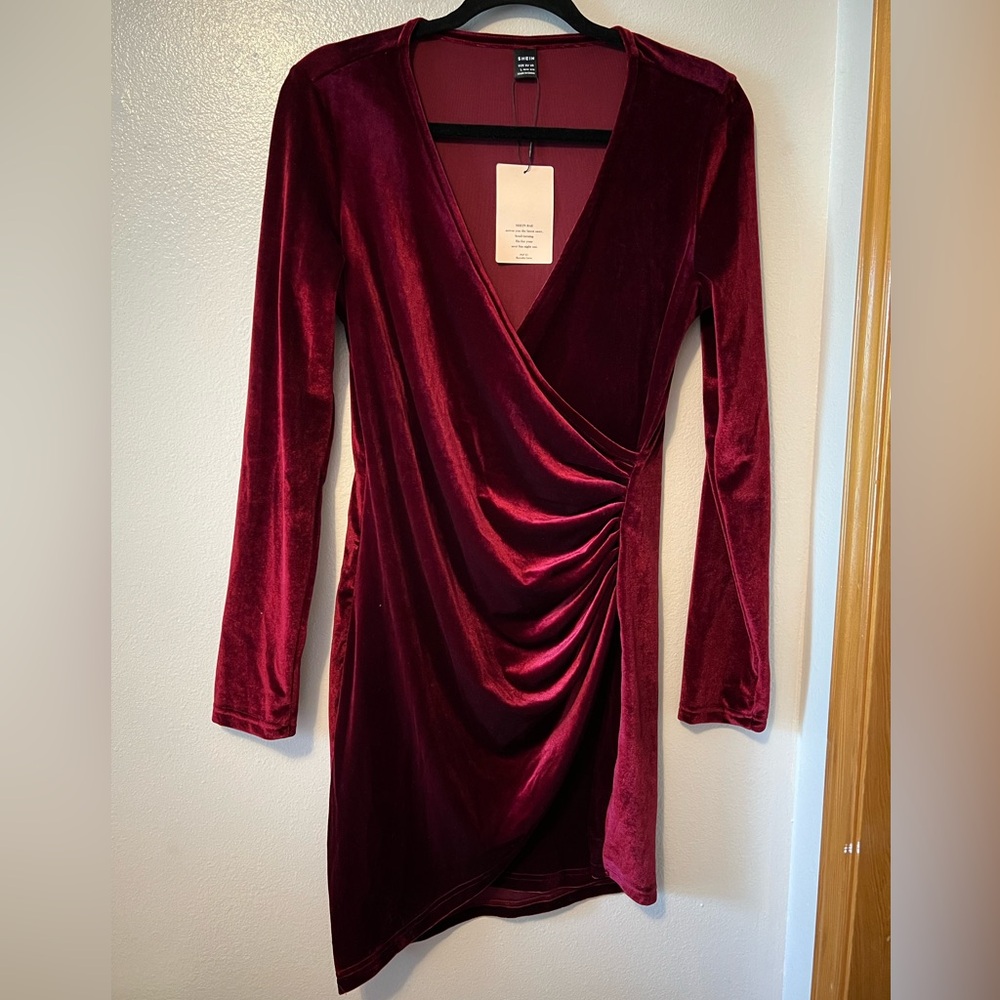 Shein Red Velvet Long Sleeve Midi Dress